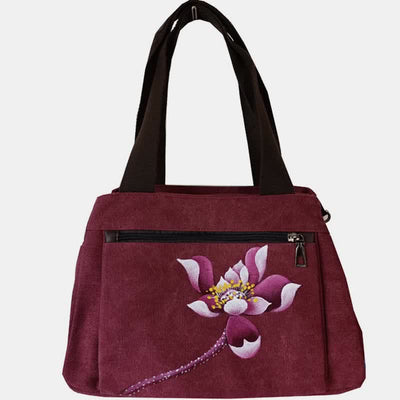 Triple Compartment Canvas Handbag Purse Floral Print Crossbody Shoulder Bag