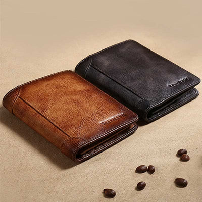 RFID Retro Genuine Leather Tri-fold Wallet