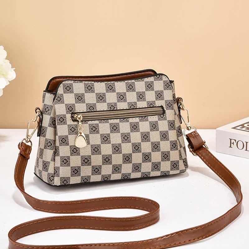 Triple Compartment Plaid Satchel Women Leather Chic Crossbody Bag
