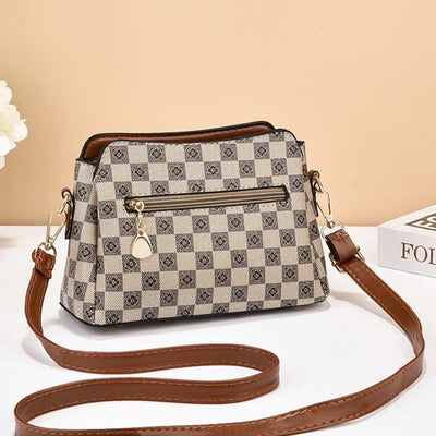 Triple Compartment Plaid Satchel Women Leather Chic Crossbody Bag