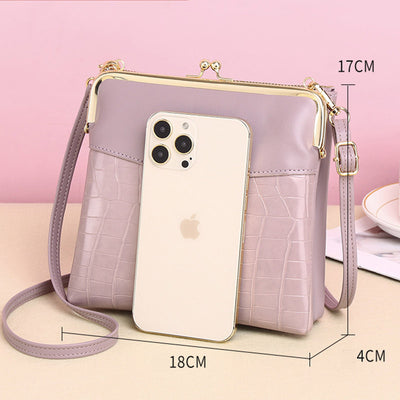 Leather Crossbody Handbag for Women Double Compartment Kiss Lock Shoulder Bag