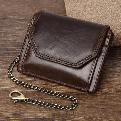 Men's Trifold Wallet Slim Genuine Leather Wallet Card Holder with Chain