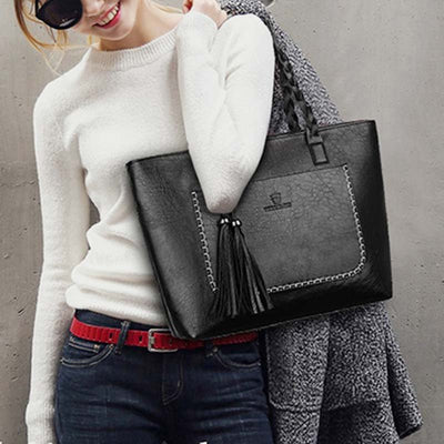 Large Capacity Business Office Handbag Women's Soft PU Tassel Tote Shoulder Bag