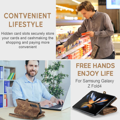 Durable Leather Magnetic Wallet Case for Z Fold 4 with Wrist Strap