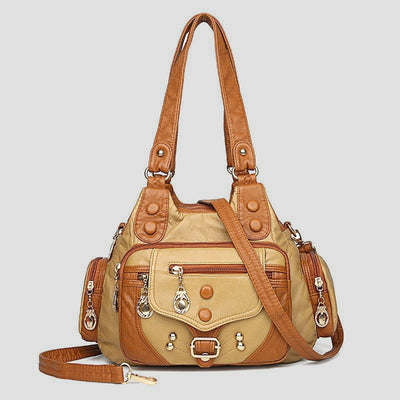 Tote Bag For Women Vintage Riveted Multi-Pocket Leather Crossbody Bag