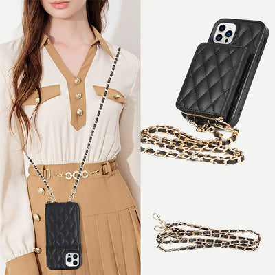 iPhone Phone Case Quilted Leather Wallet Case Card Holder with Crossbody Strap