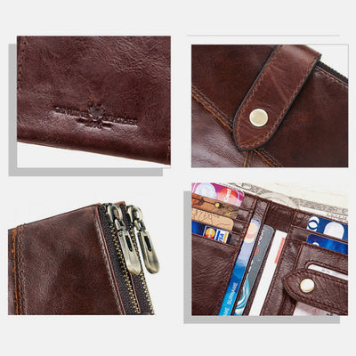 Men's Large Capacity RFID Blocking Leather Wallet with Zipper Pocket
