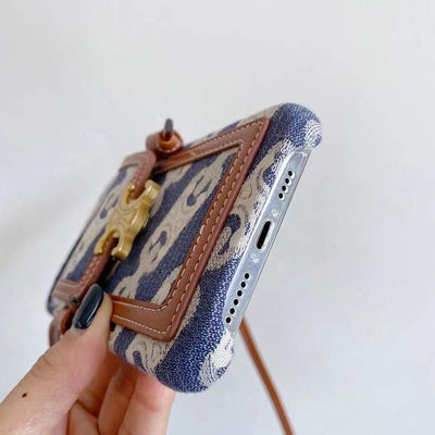 Vintage iPhone Card Holder Case Cell Phone Bag with Neck Strap