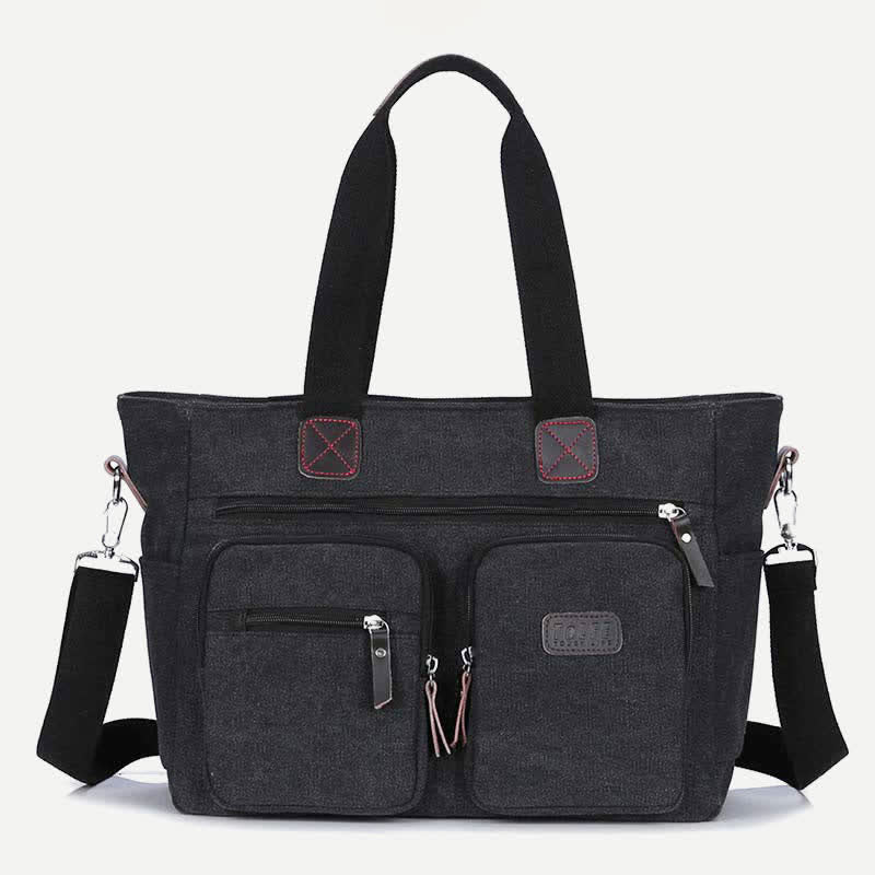 Multi-Pocket Tote Handbag for Women Men Retro Canvas Laptop Bag