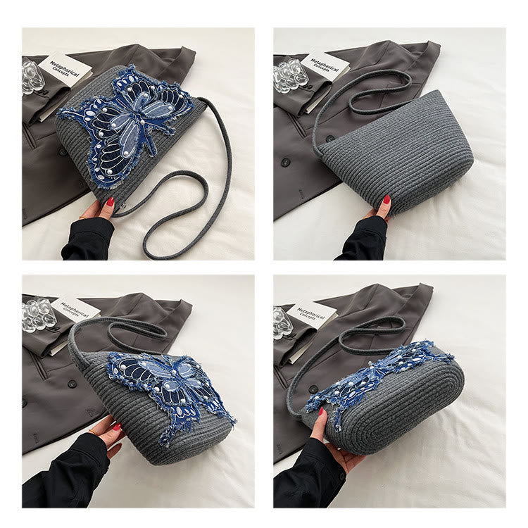 Embroidery Butterfly Shoulder Bag Cotton Linen Crossbody Purse For Women