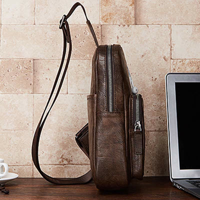 Men's Leather Sling Bag Chest Bag One Shoulder Backpack Crossbody Bag