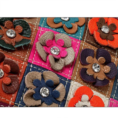 Contrast Color Genuine Leather Multicolor Flower Tote