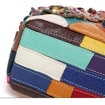 Contrast Color Genuine Leather Multicolor Flower Tote