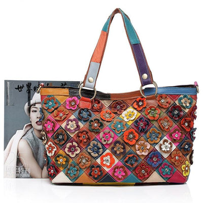 Contrast Color Genuine Leather Multicolor Flower Tote