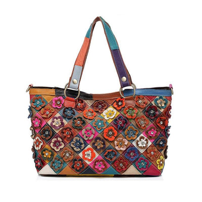 Contrast Color Genuine Leather Multicolor Flower Tote