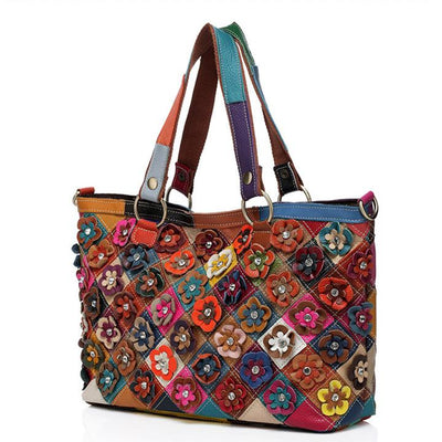 Contrast Color Genuine Leather Multicolor Flower Tote