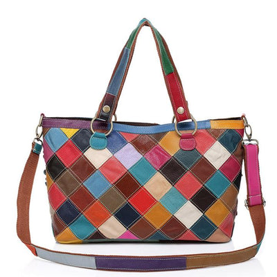 Contrast Color Genuine Leather Multicolor Flower Tote