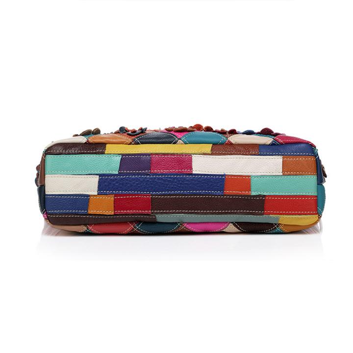 Contrast Color Genuine Leather Multicolor Flower Tote