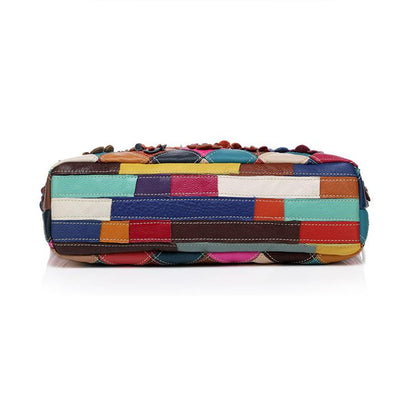 Contrast Color Genuine Leather Multicolor Flower Tote