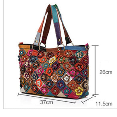 Contrast Color Genuine Leather Multicolor Flower Tote