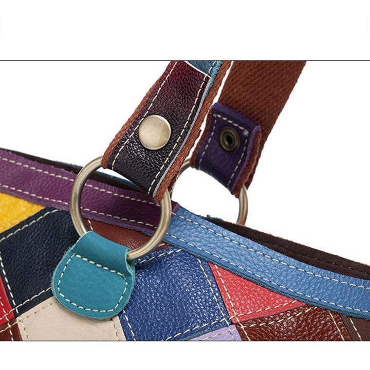Contrast Color Genuine Leather Multicolor Flower Tote