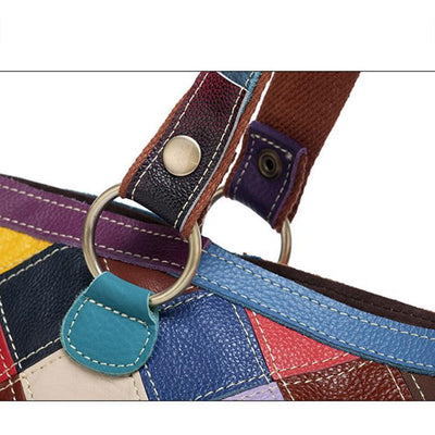 Contrast Color Genuine Leather Multicolor Flower Tote