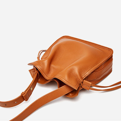 Genuine Leather Drawstring Bucket Bag Crossbody Purse