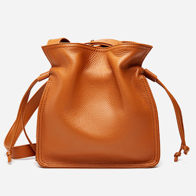 Genuine Leather Drawstring Bucket Bag Crossbody Purse