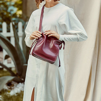 Genuine Leather Drawstring Bucket Bag Crossbody Purse