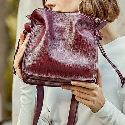 Genuine Leather Drawstring Bucket Bag Crossbody Purse