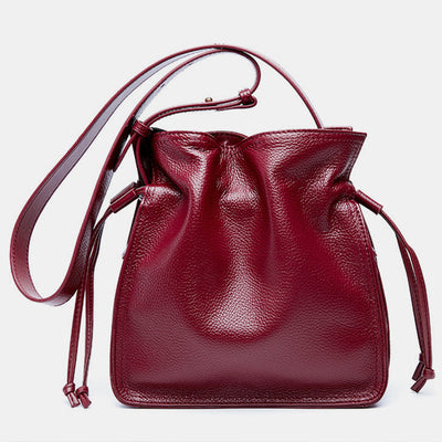 Genuine Leather Drawstring Bucket Bag Crossbody Purse