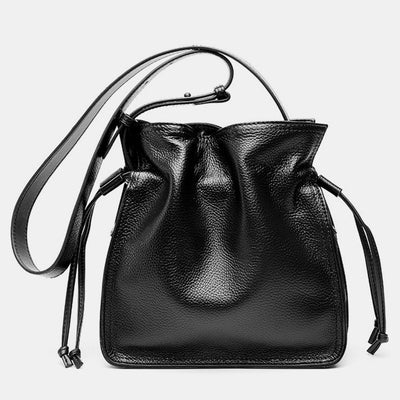 Genuine Leather Drawstring Bucket Bag Crossbody Purse