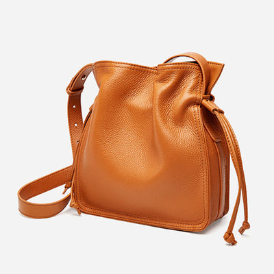 Genuine Leather Drawstring Bucket Bag Crossbody Purse