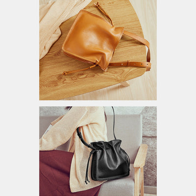 Genuine Leather Drawstring Bucket Bag Crossbody Purse
