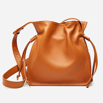 Genuine Leather Drawstring Bucket Bag Crossbody Purse