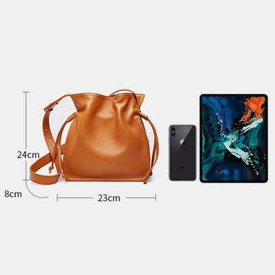 Genuine Leather Drawstring Bucket Bag Crossbody Purse