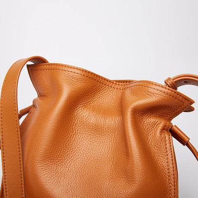 Genuine Leather Drawstring Bucket Bag Crossbody Purse