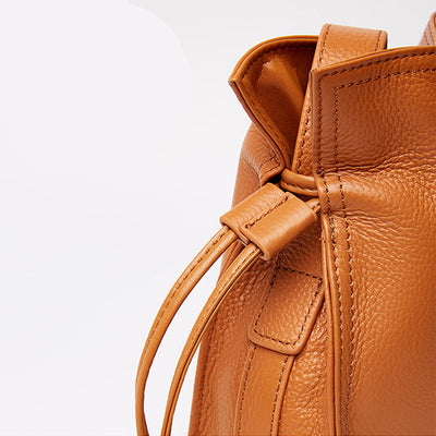 Genuine Leather Drawstring Bucket Bag Crossbody Purse