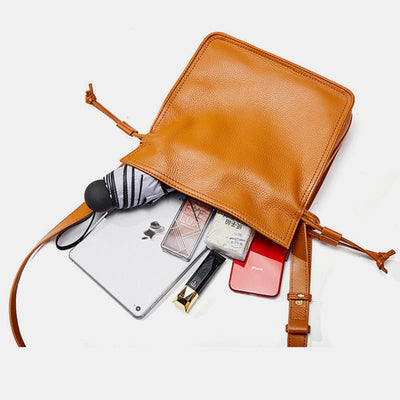 Genuine Leather Drawstring Bucket Bag Crossbody Purse