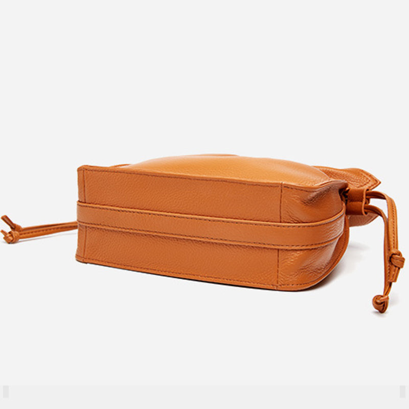 Genuine Leather Drawstring Bucket Bag Crossbody Purse