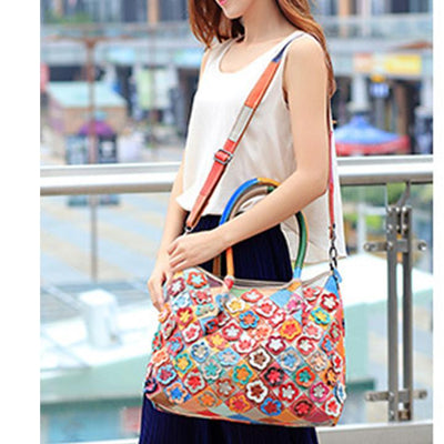 Genuine Leather Multicolor Flower Boho Handbag