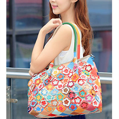 Genuine Leather Multicolor Flower Boho Handbag