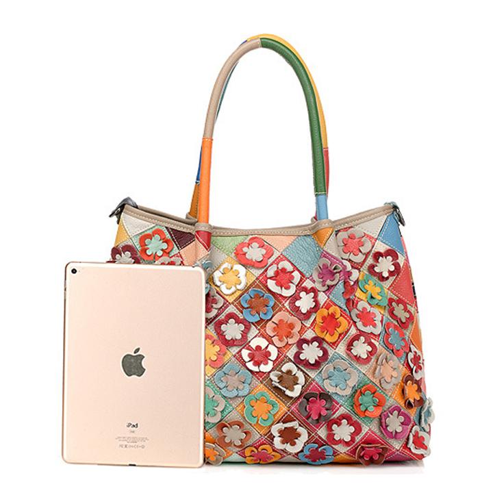 Genuine Leather Multicolor Flower Boho Handbag