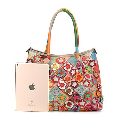 Genuine Leather Multicolor Flower Boho Handbag
