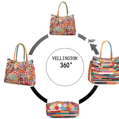 Genuine Leather Multicolor Flower Boho Handbag