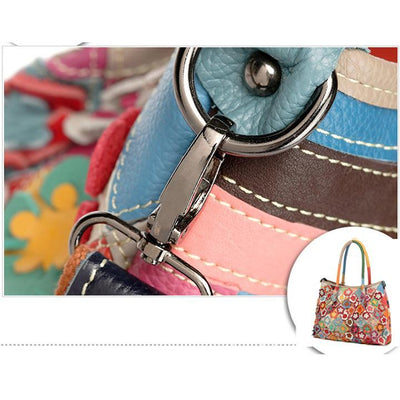 Genuine Leather Multicolor Flower Boho Handbag