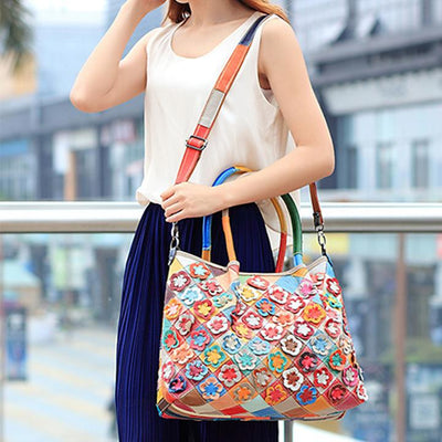 Genuine Leather Multicolor Flower Boho Handbag