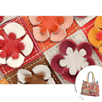 Genuine Leather Multicolor Flower Boho Handbag