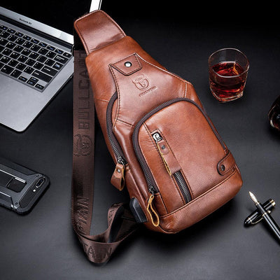 USB Charging Real Leather Sling Bag