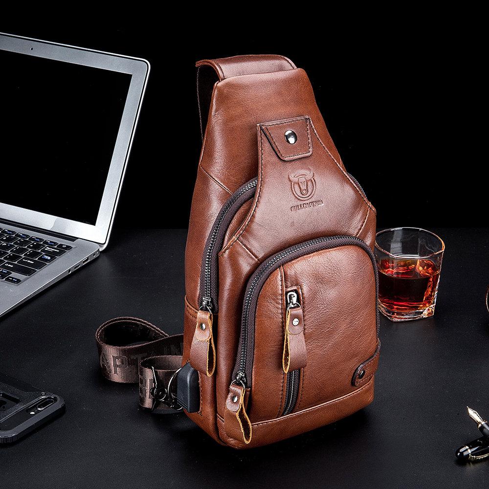 USB Charging Real Leather Sling Bag